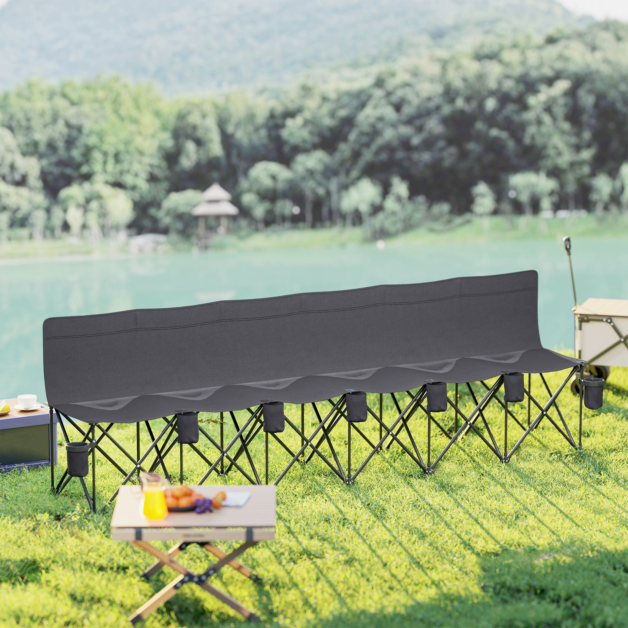 Outsunny 6 Seater Folding Bench Camping Chair with Cup Holder, Charcoal Grey