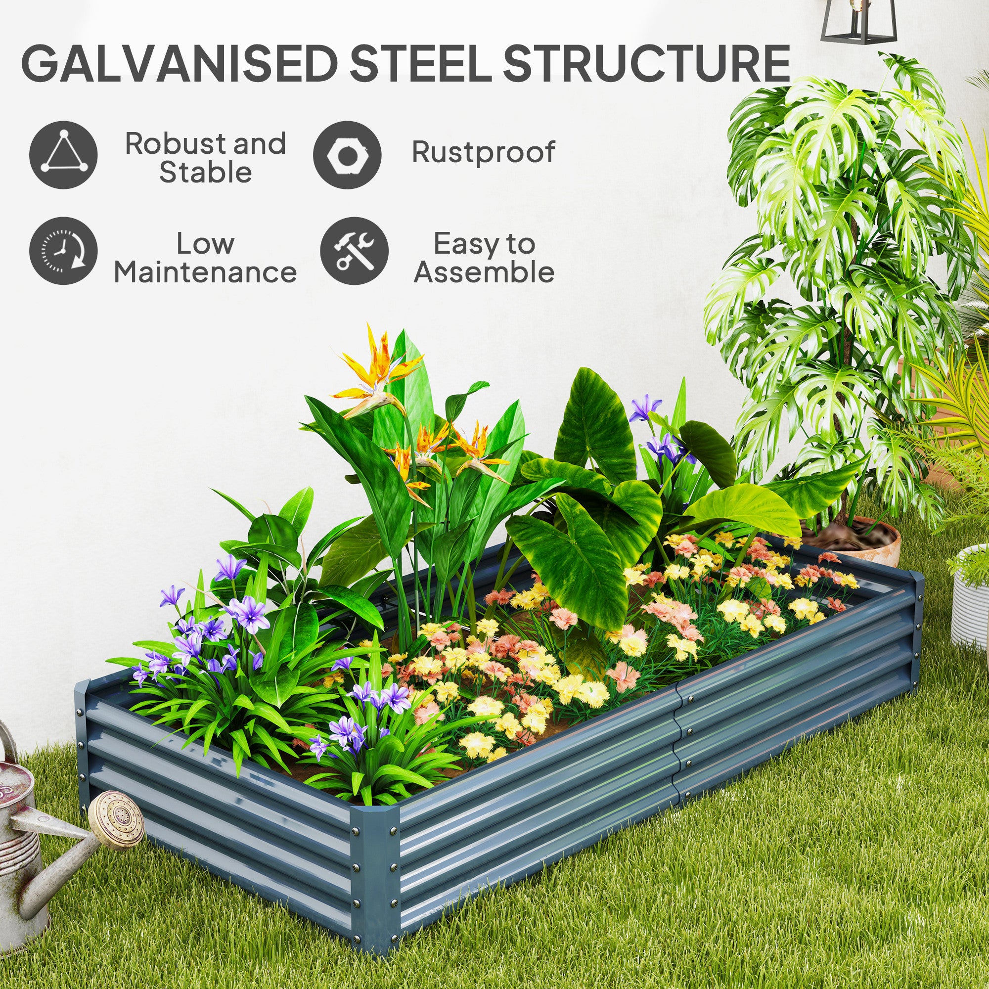 Outsunny Galvanised Raised Garden Bed, 180x90x30cm Raised Bed, Silver