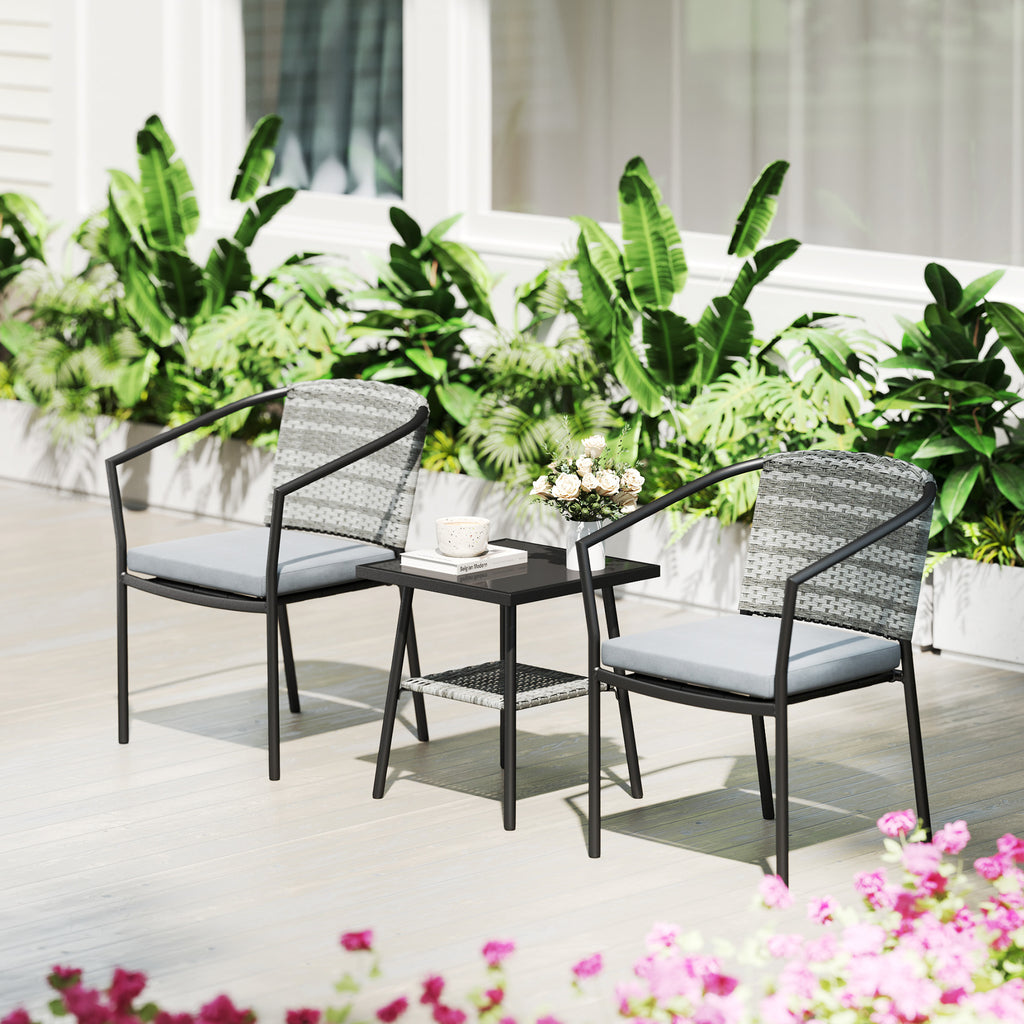 Outsunny 3 PCS Rattan Bistro Set with Cushions Glass Top Coffee Table and Chairs