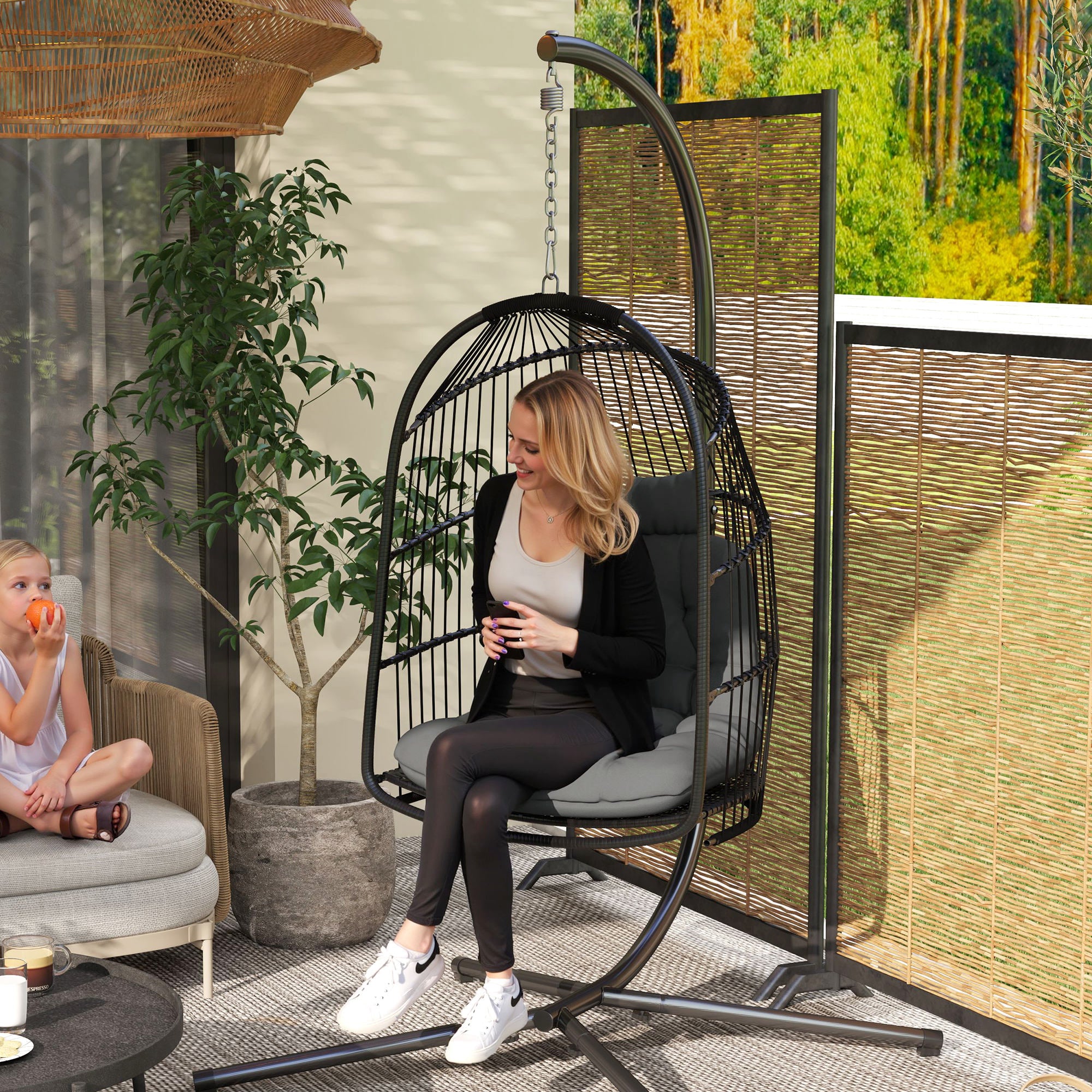 Outsunny Rattan Egg Chair with Installation Kit, Indoor Outdoor Swing Chair