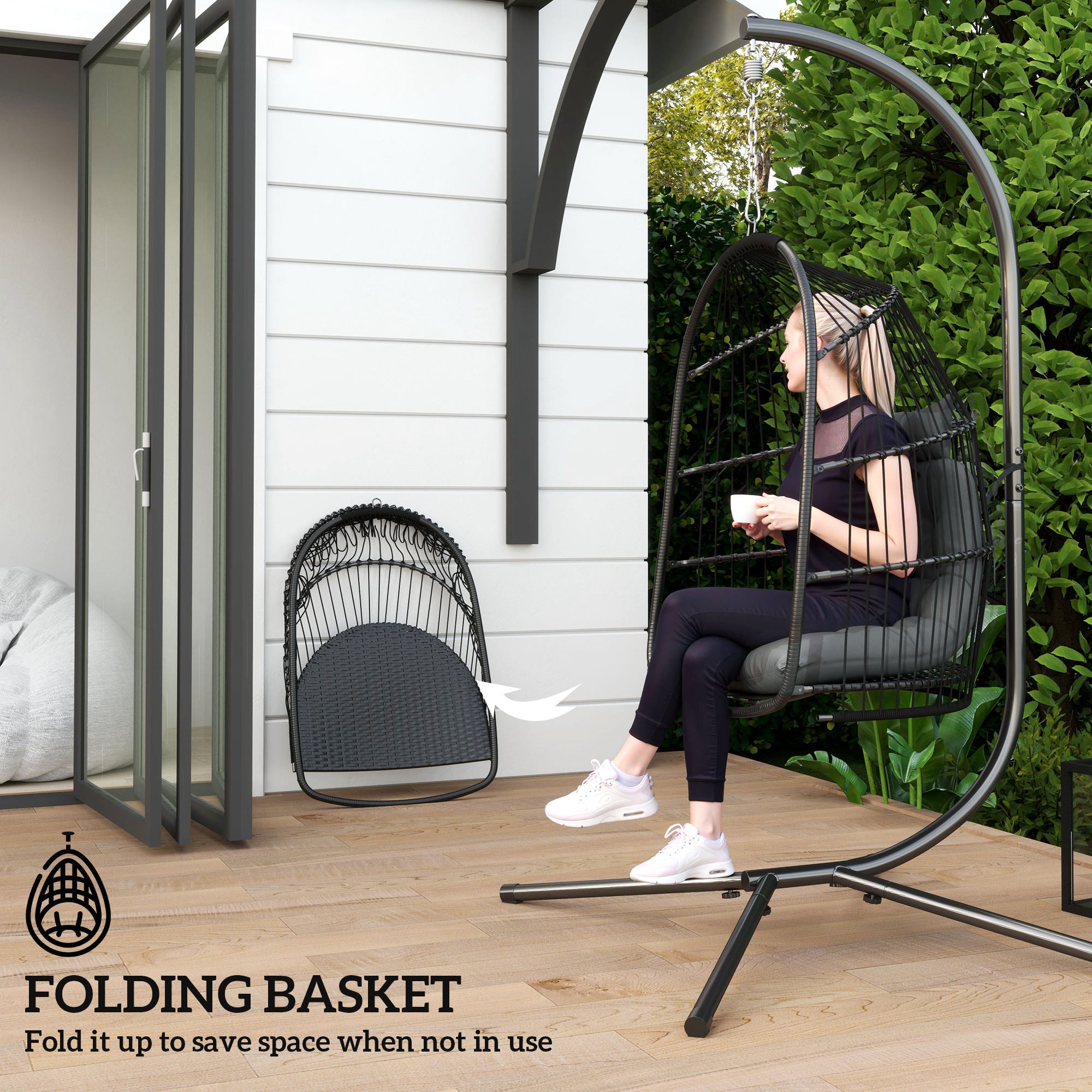 Outsunny Rattan Egg Chair with Installation Kit, Indoor Outdoor Swing Chair