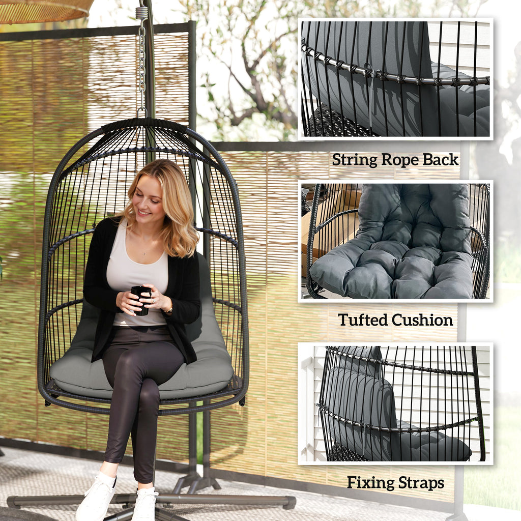Outsunny Rattan Egg Chair with Installation Kit, Indoor Outdoor Swing Chair