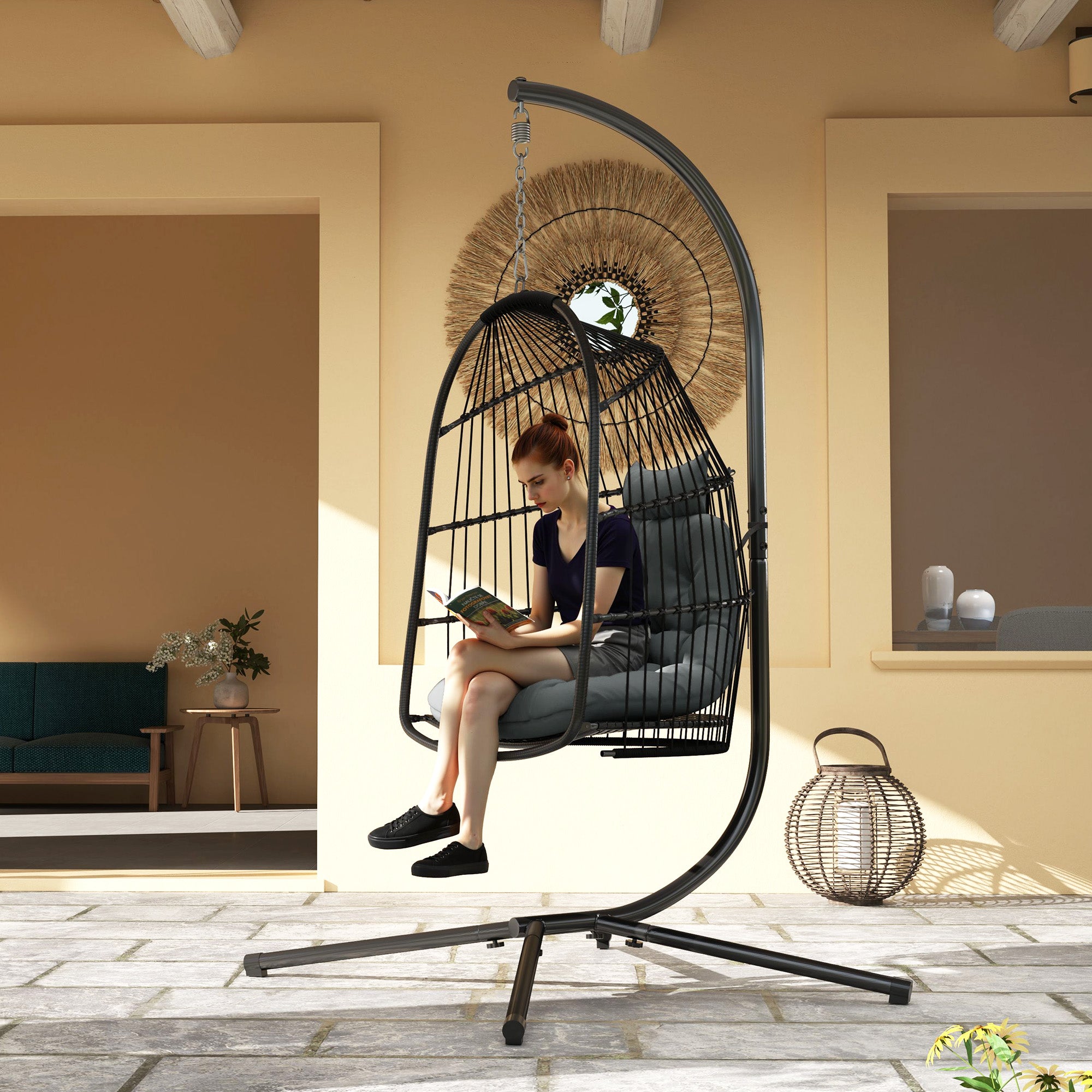 Outsunny Rattan Egg Chair with Installation Kit, Indoor Outdoor Swing Chair