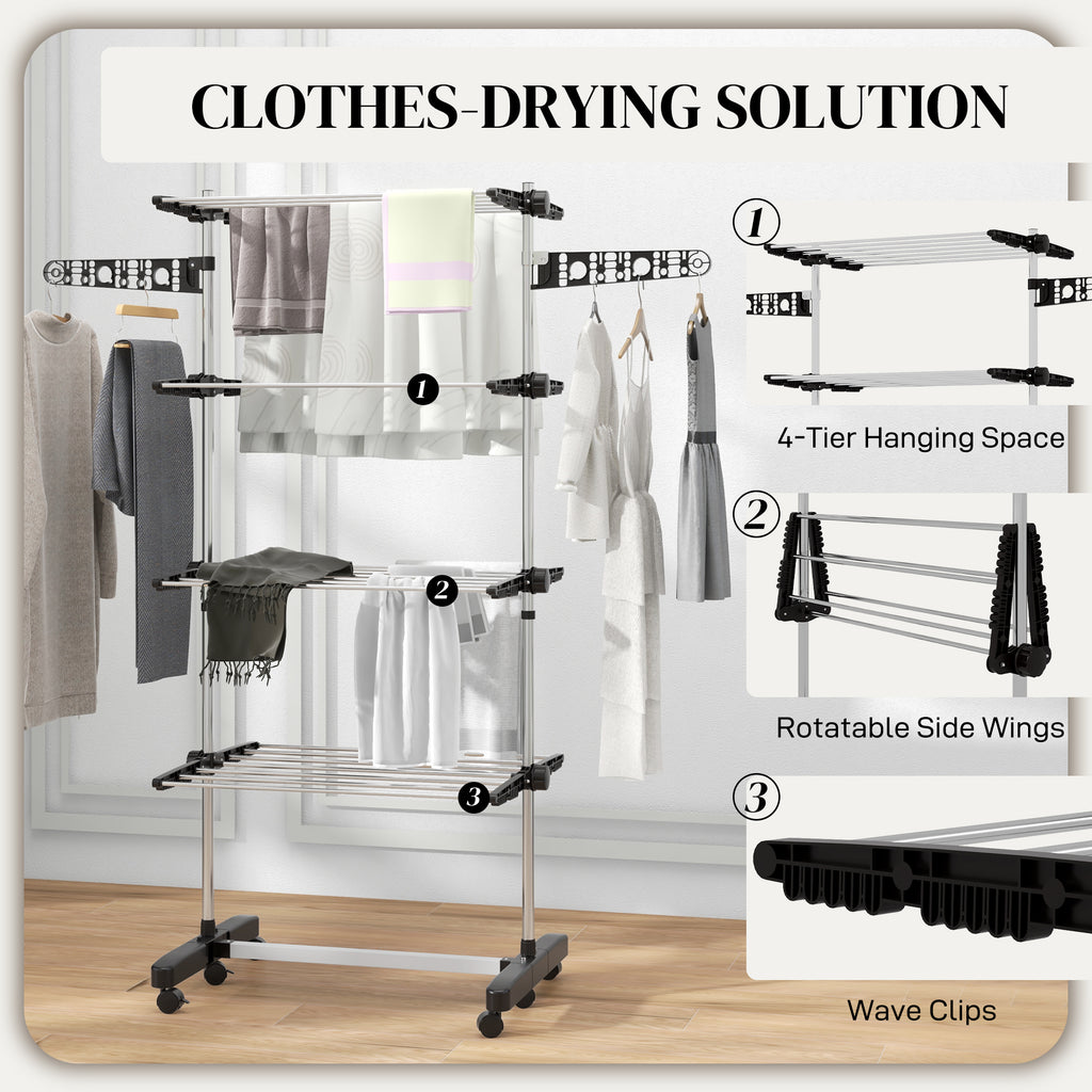 HOMCOM 4-Tier Large Clothes Airer Stainless Steel Clothes Drying Rack Black