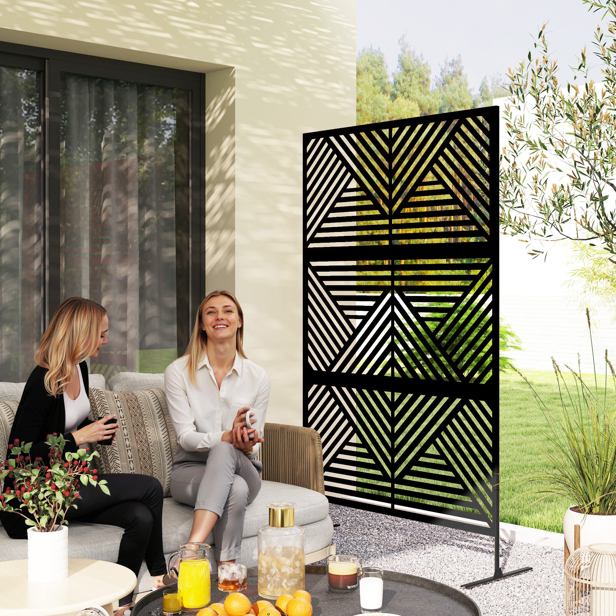 Outsunny Decorative Outdoor Divider Privacy Panel with Stand, Rhombus Black