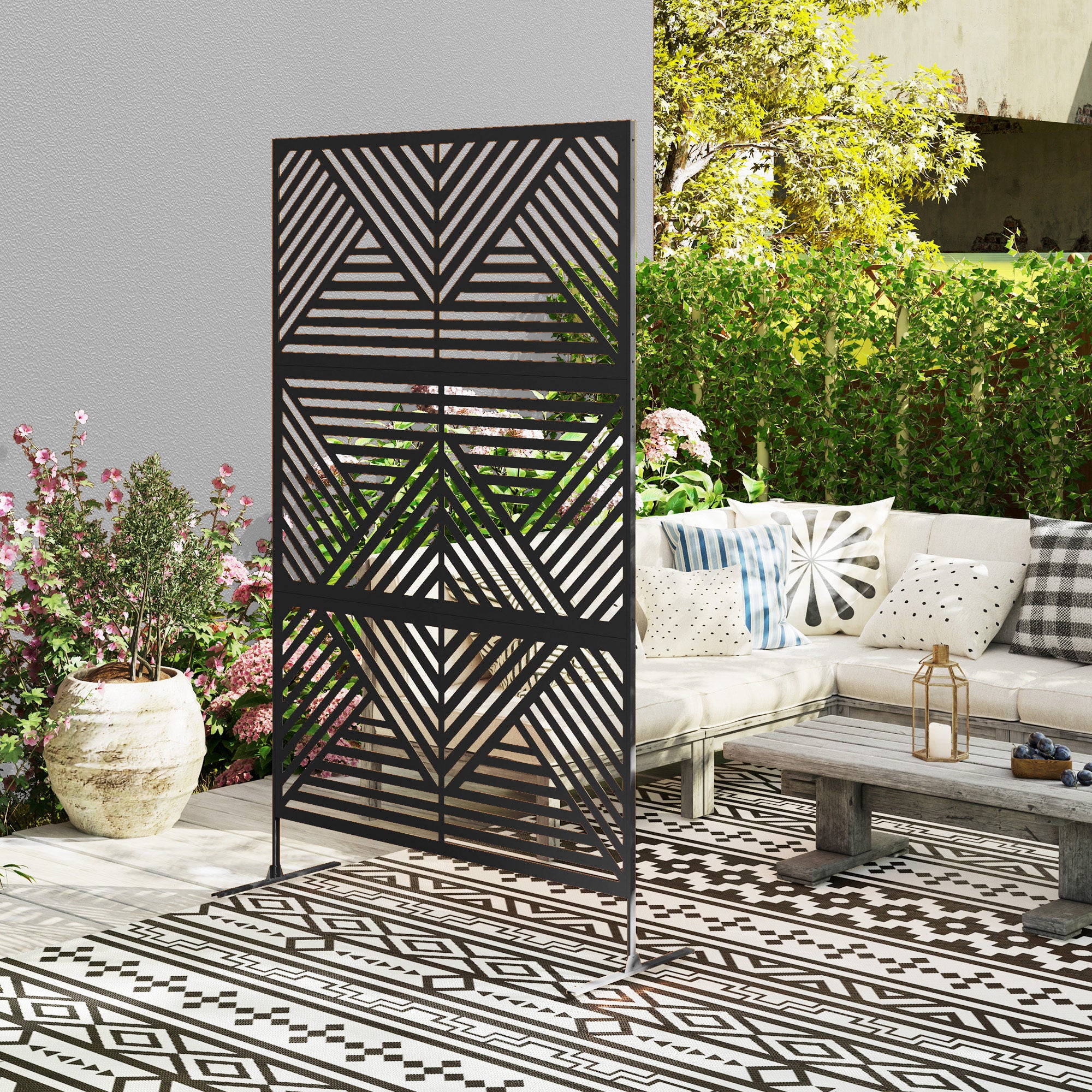 Outsunny Decorative Outdoor Divider Privacy Panel with Stand, Rhombus Black