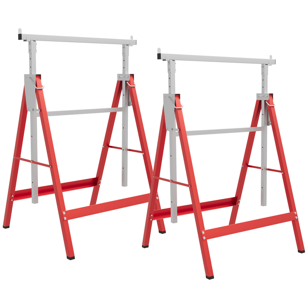 HOMCOM Set Of 2 Steel Saw Horses Telescopic Builders Work Bench Folding Red