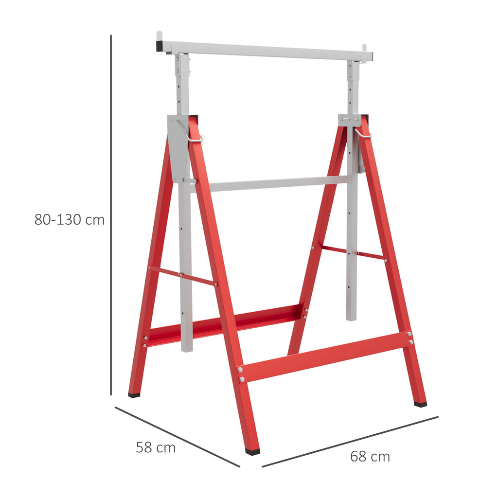 HOMCOM Set Of 2 Steel Saw Horses Telescopic Builders Work Bench Folding Red