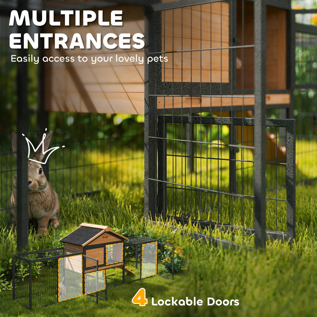 PawHut Rabbit Hutch Outdoor with Steel Run Removable Plastic Tray Natural