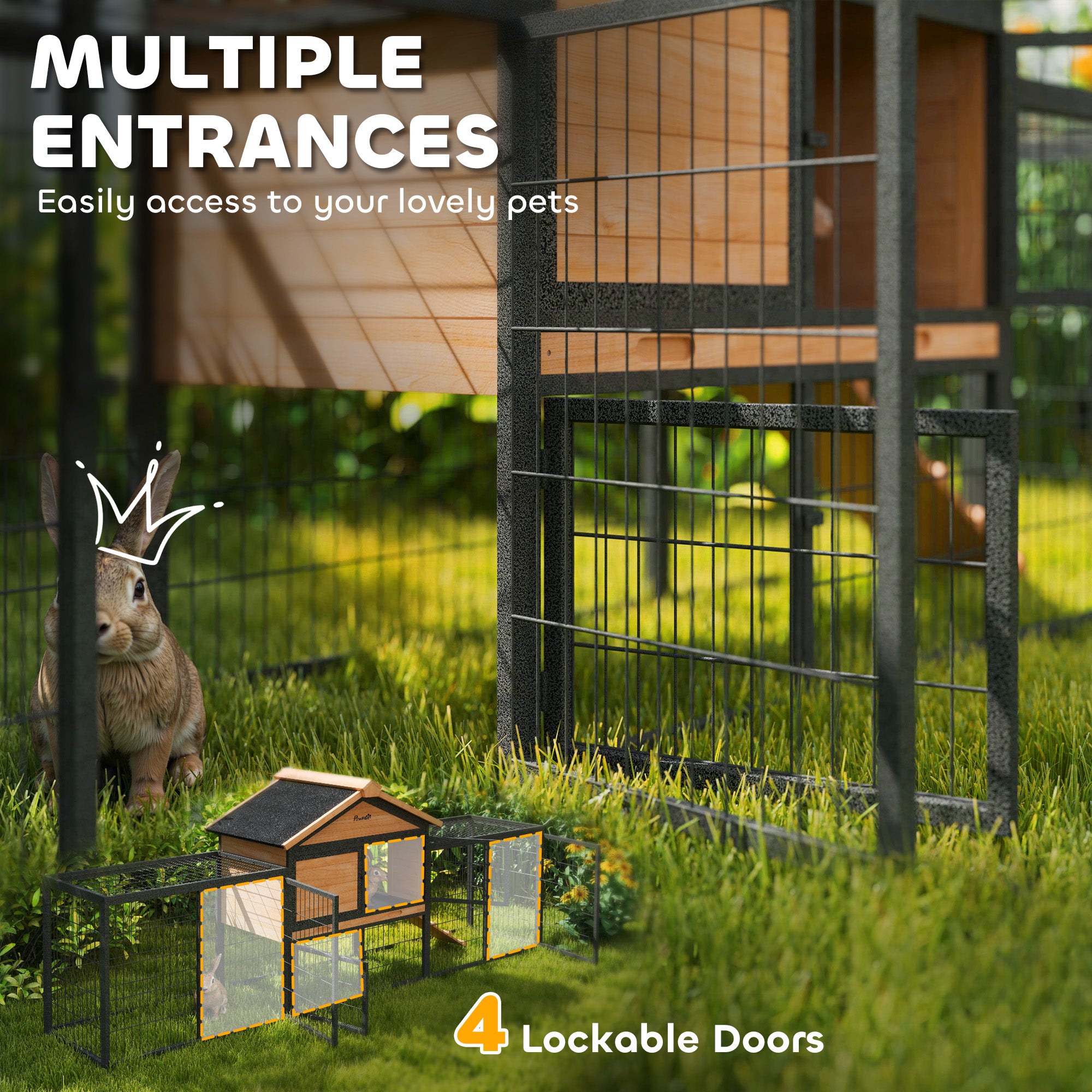 PawHut Rabbit Hutch Outdoor with Steel Run Removable Plastic Tray Natural