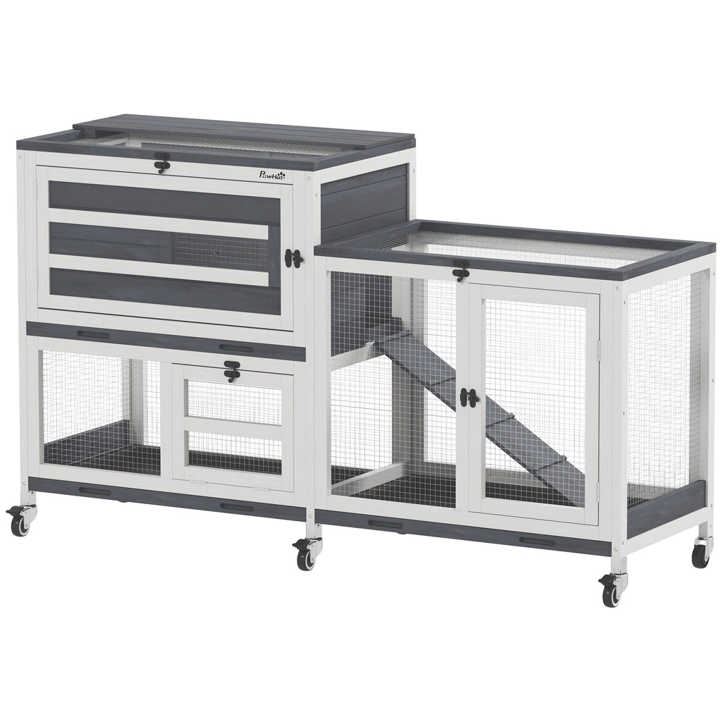 PawHut 2 Tier Rabbit Hutch with Run, Wheels, 2 Openable Top, 3 Plastic Trays