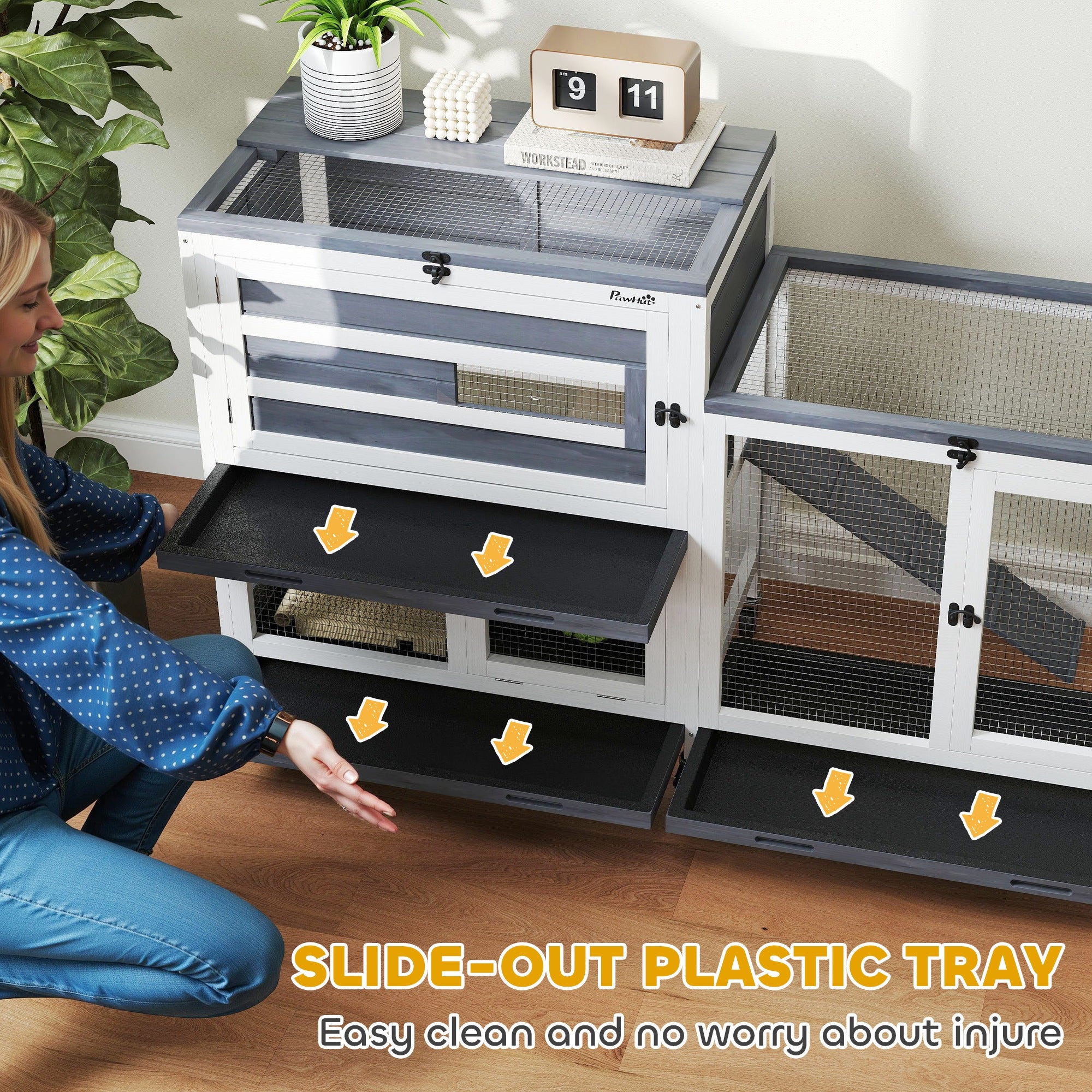PawHut 2 Tier Rabbit Hutch with Run, Wheels, 2 Openable Top, 3 Plastic Trays