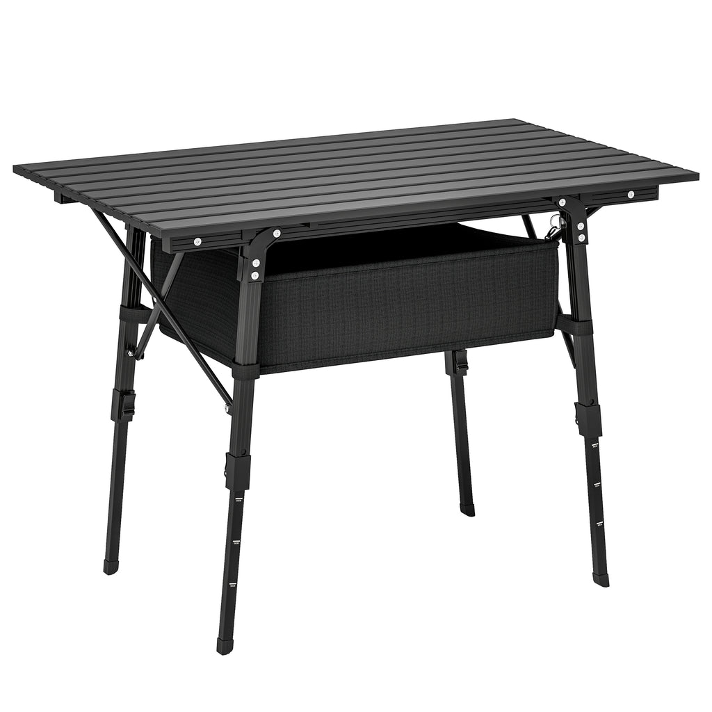 Outsunny Folding Camping Table with Adjustable Height, Storage Basket, Black