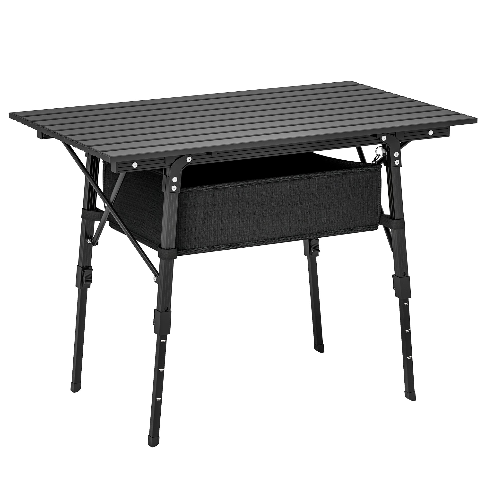 Outsunny Folding Camping Table with Adjustable Height, Storage Basket, Black