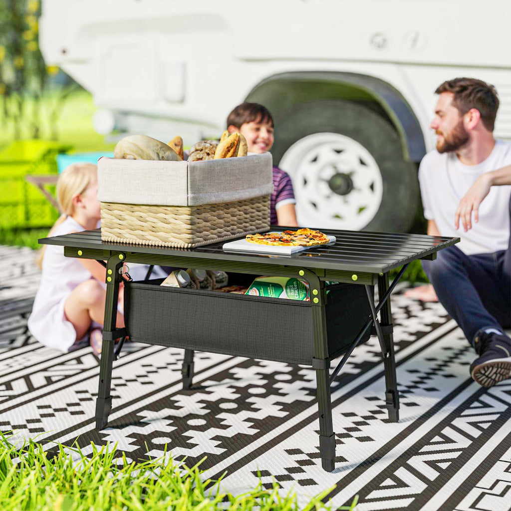 Outsunny Folding Camping Table with Adjustable Height, Storage Basket, Black