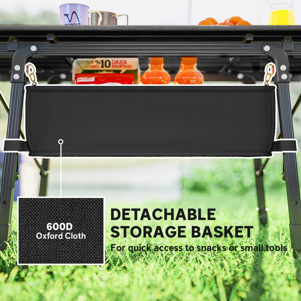 Outsunny Folding Camping Table with Adjustable Height, Storage Basket, Black