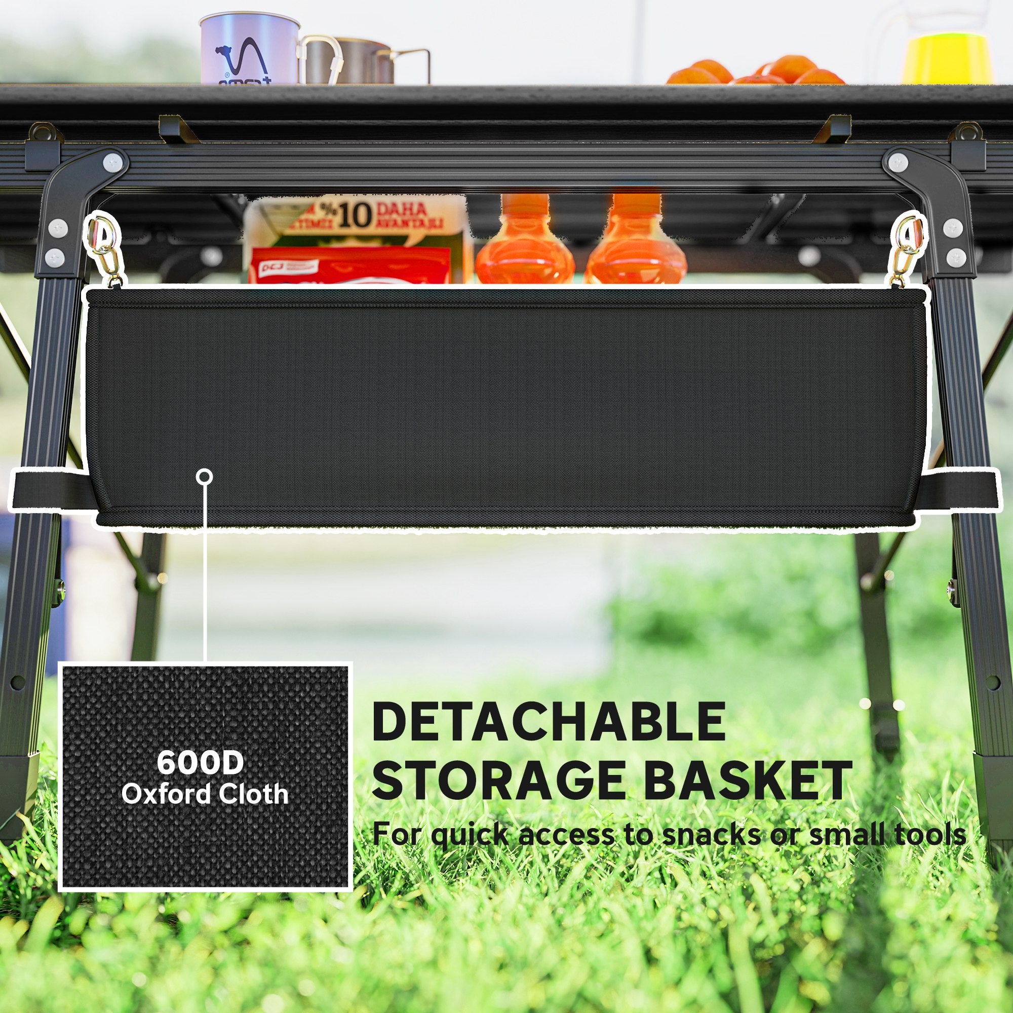 Outsunny Folding Camping Table with Adjustable Height, Storage Basket, Black