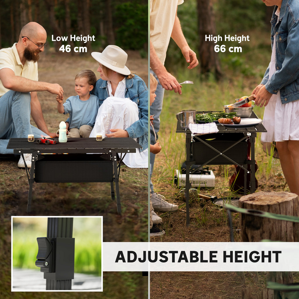 Outsunny Folding Camping Table with Adjustable Height, Storage Basket, Black
