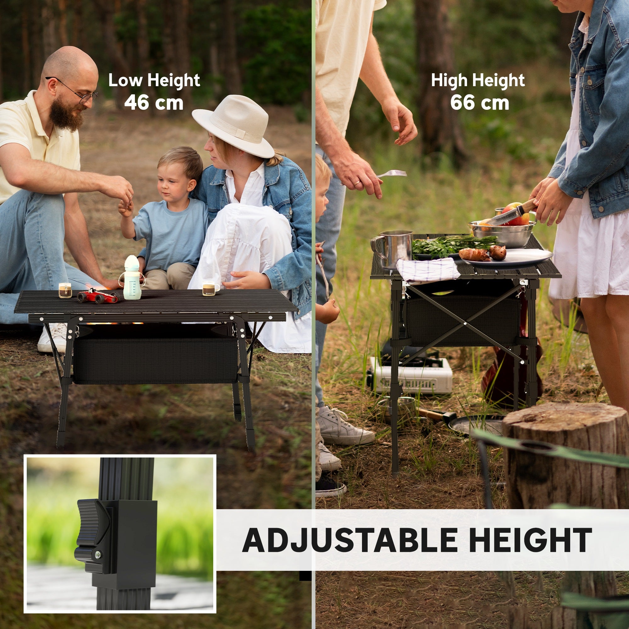 Outsunny Folding Camping Table with Adjustable Height, Storage Basket, Black
