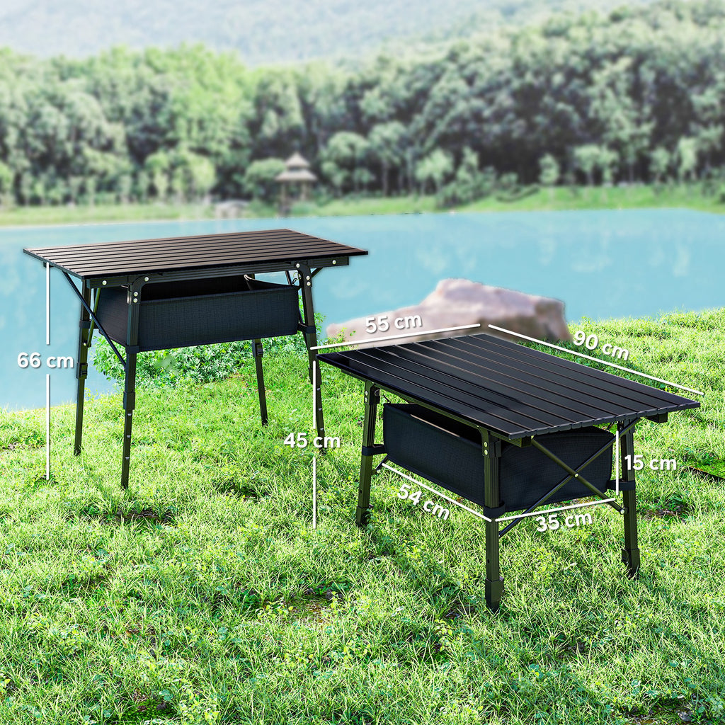 Outsunny Folding Camping Table with Adjustable Height, Storage Basket, Black