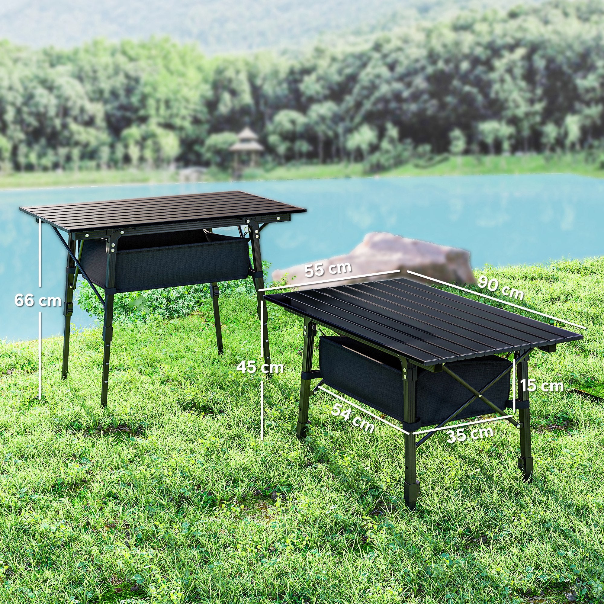Outsunny Folding Camping Table with Adjustable Height, Storage Basket, Black