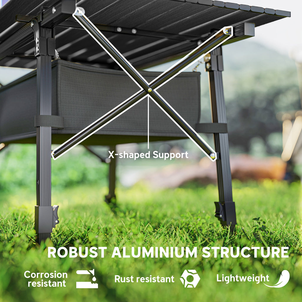 Outsunny Folding Camping Table with Adjustable Height, Storage Basket, Black