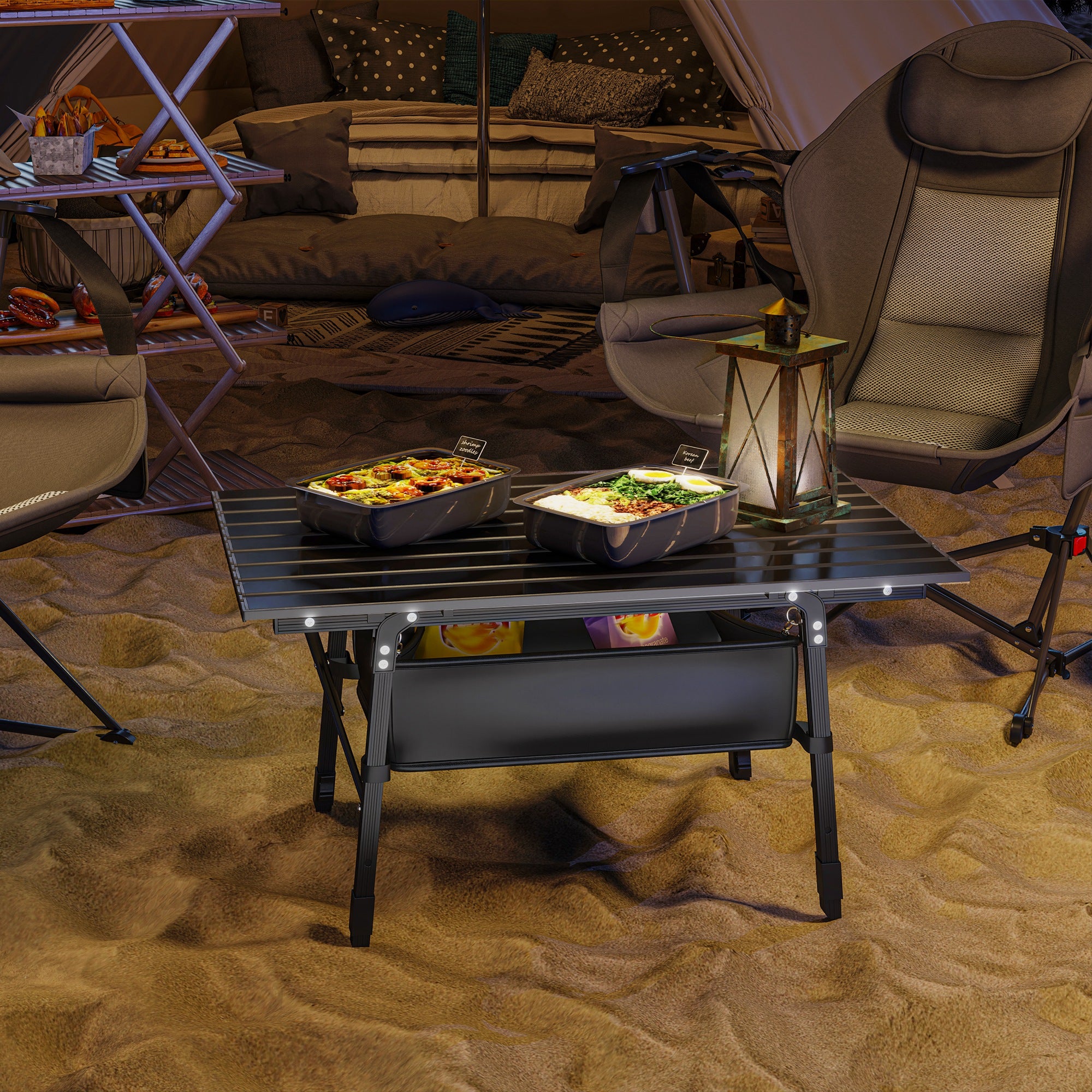 Outsunny Folding Camping Table with Adjustable Height, Storage Basket, Black