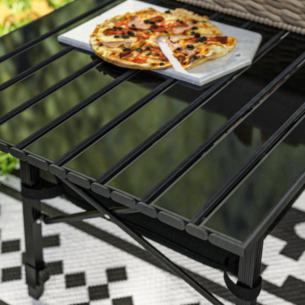 Outsunny Folding Camping Table with Adjustable Height, Storage Basket, Black