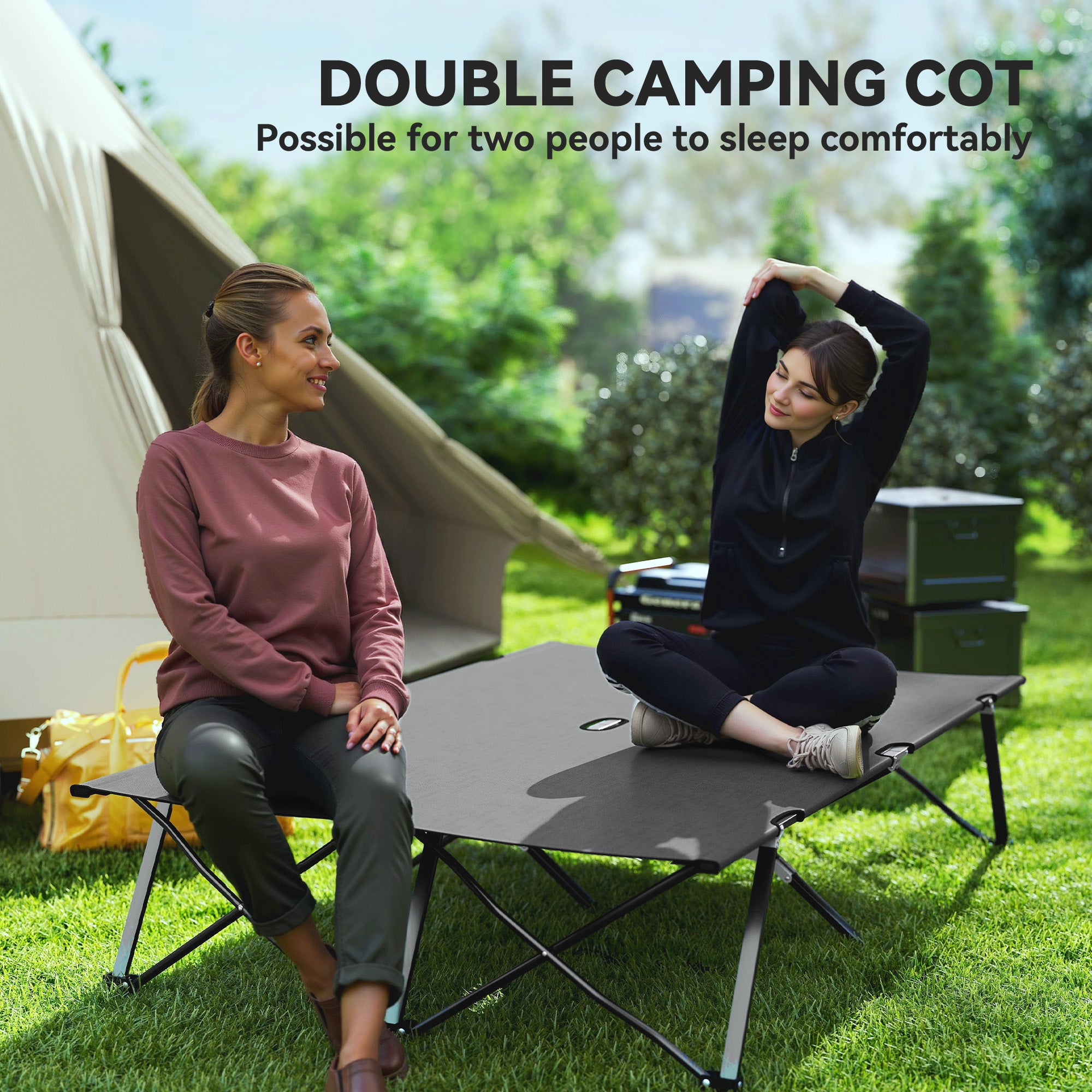 Outsunny Double Camping Folding Cot Portable Sleeping Bed, Charcoal Grey