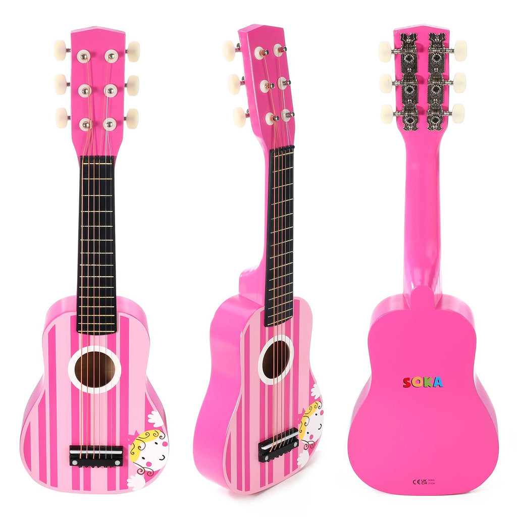 SOKA Wooden Pink Striped Guitar Musical Instrument Pretend Play Music Toy
