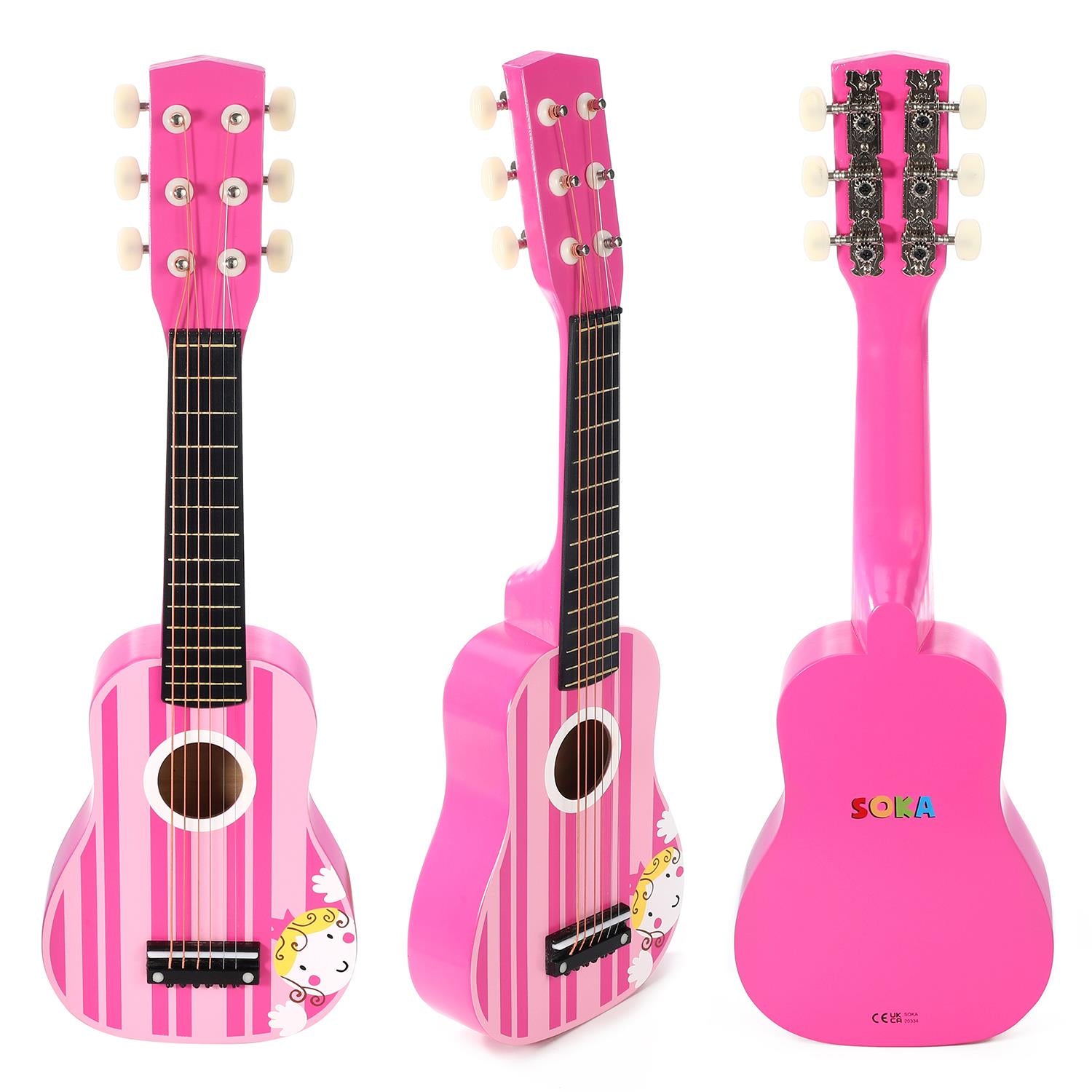 SOKA Wooden Pink Striped Guitar Musical Instrument Pretend Play Music Toy