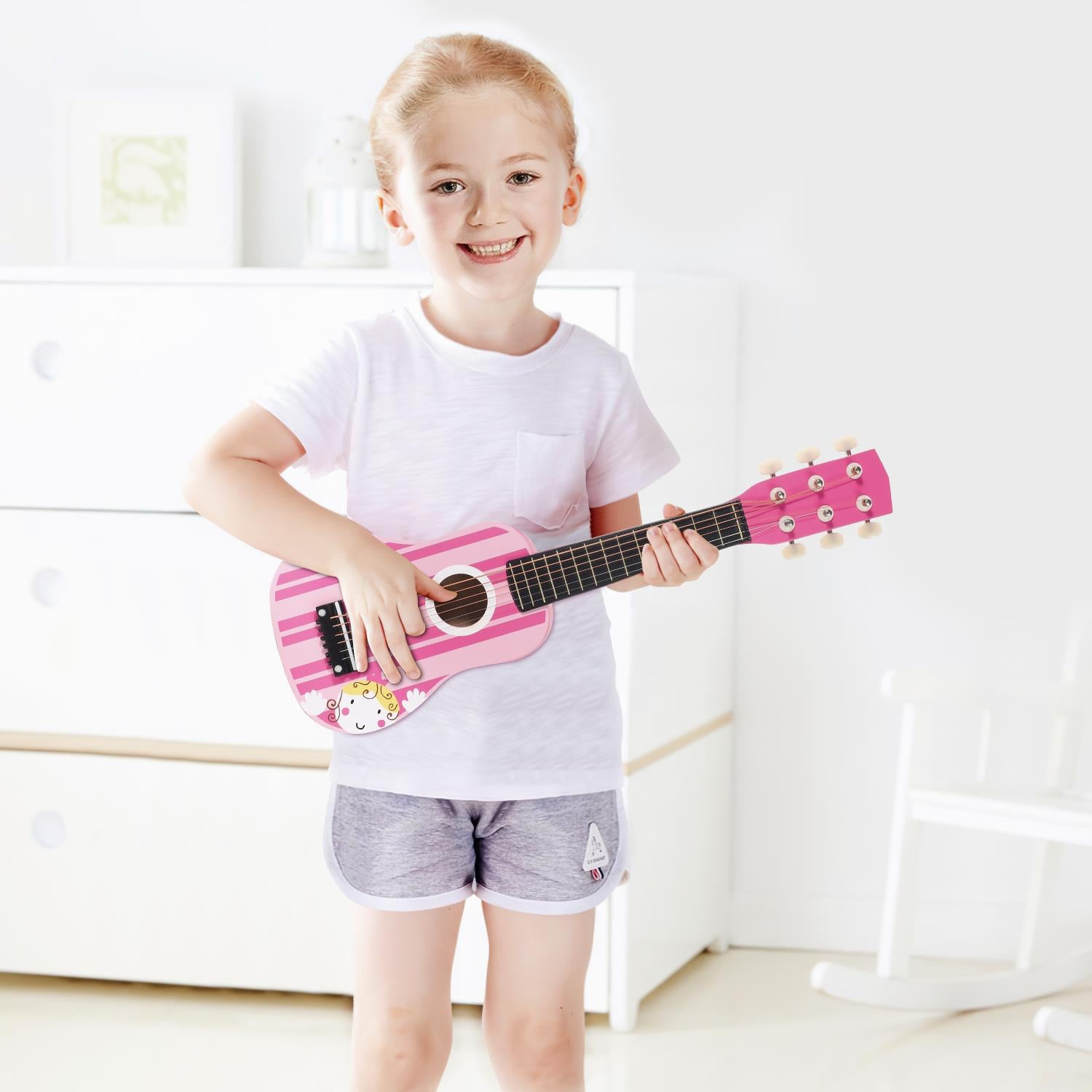 SOKA Wooden Pink Striped Guitar Musical Instrument Pretend Play Music Toy