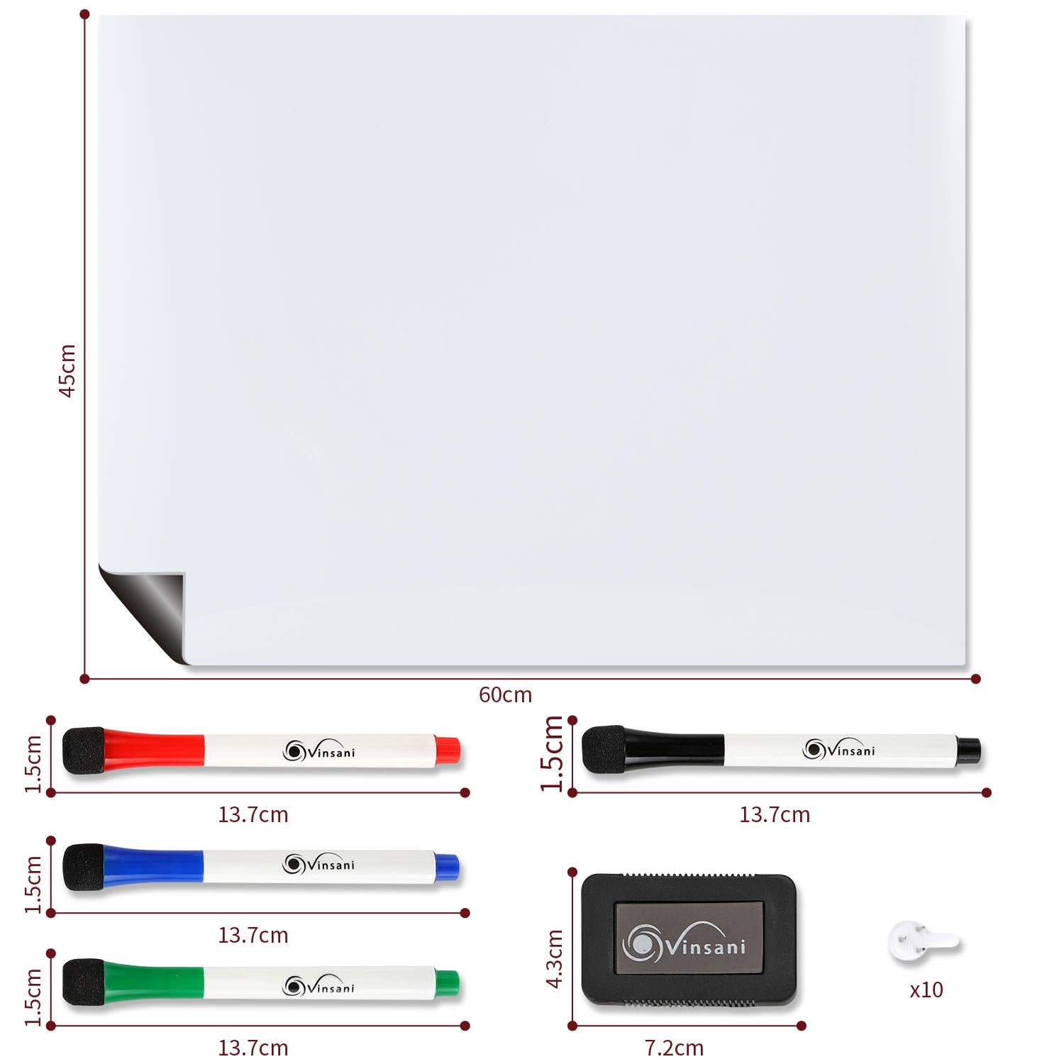 Vinsani 450x600 Whiteboard with 4 Markers and Eraser