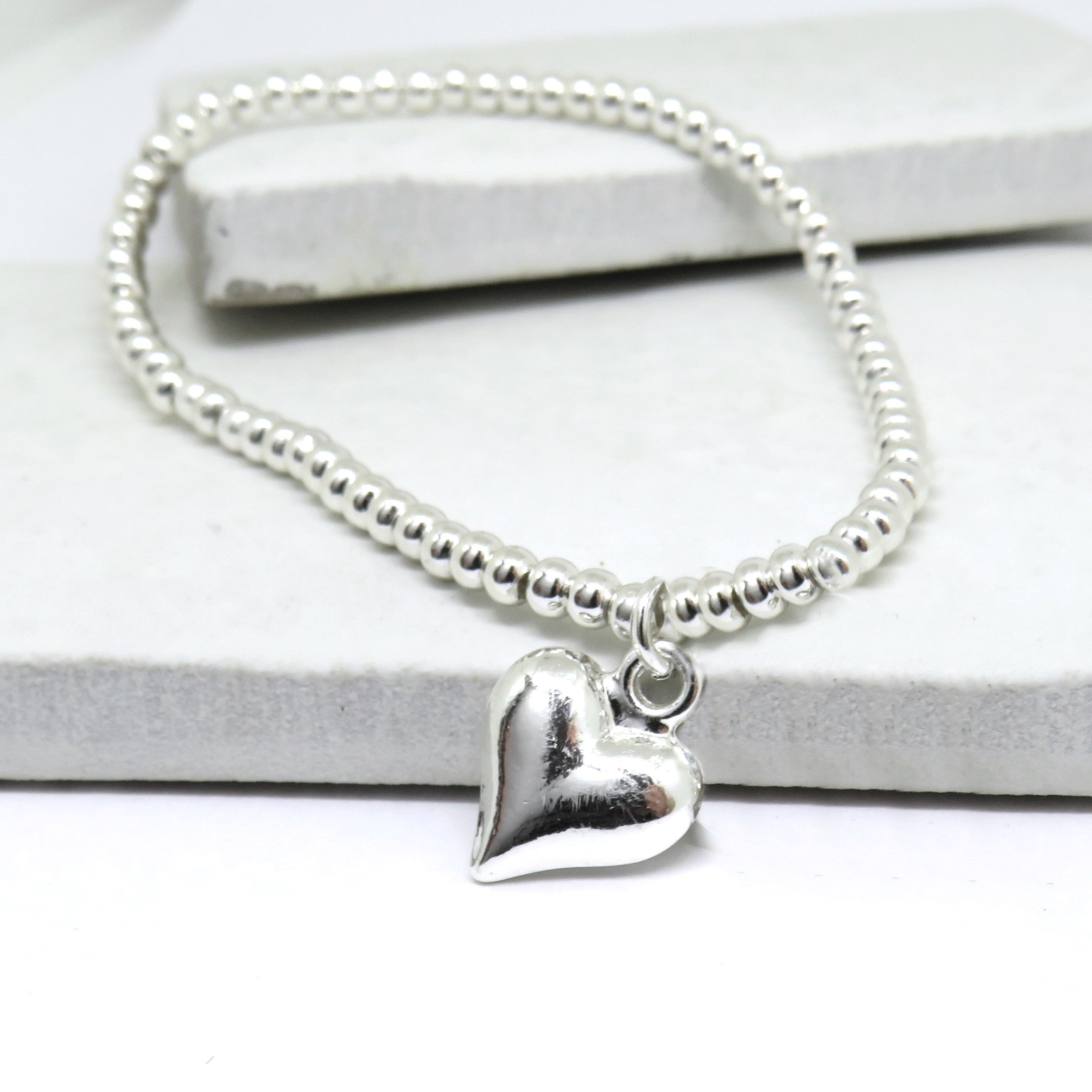Puff Heart Silver Beaded Stretch Bracelet