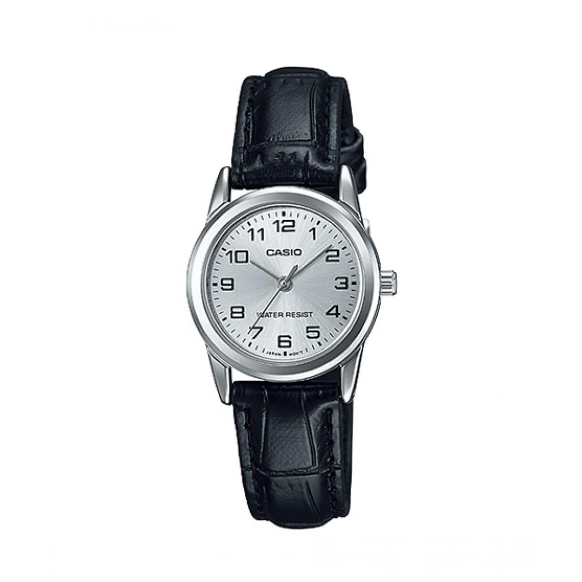 Casio Women's Silver Dial Black Leather Strap Watch - LTP-V001L-7BUDF