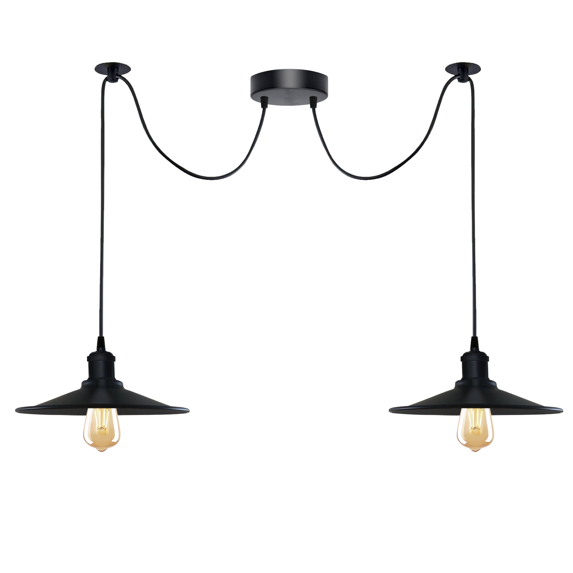 Black Vintage 2 Head Cone shaped shade Ceiling Pendant Light Fitting