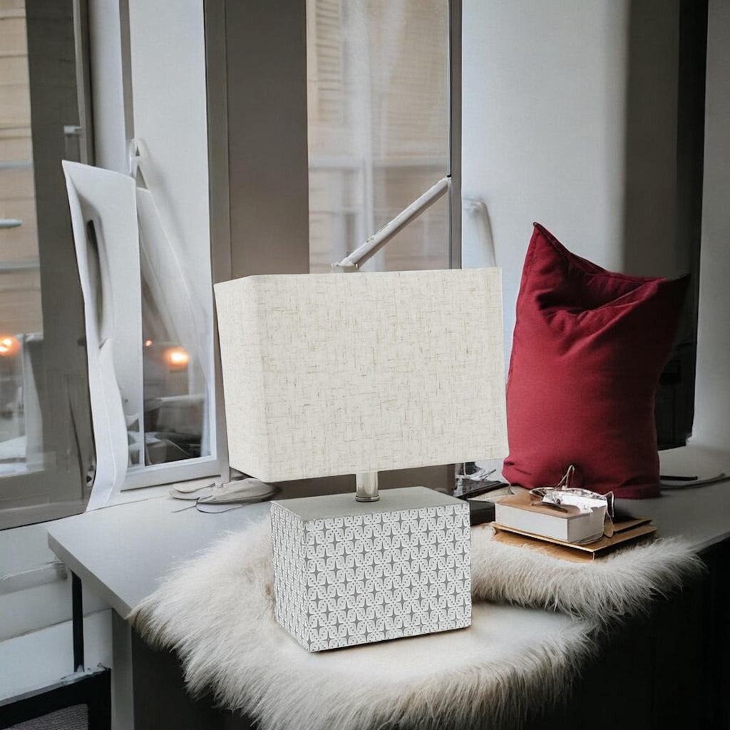Art Deco Cream-Grey Cement Table Lamp with Diamond Pattern & Off-white Fabric