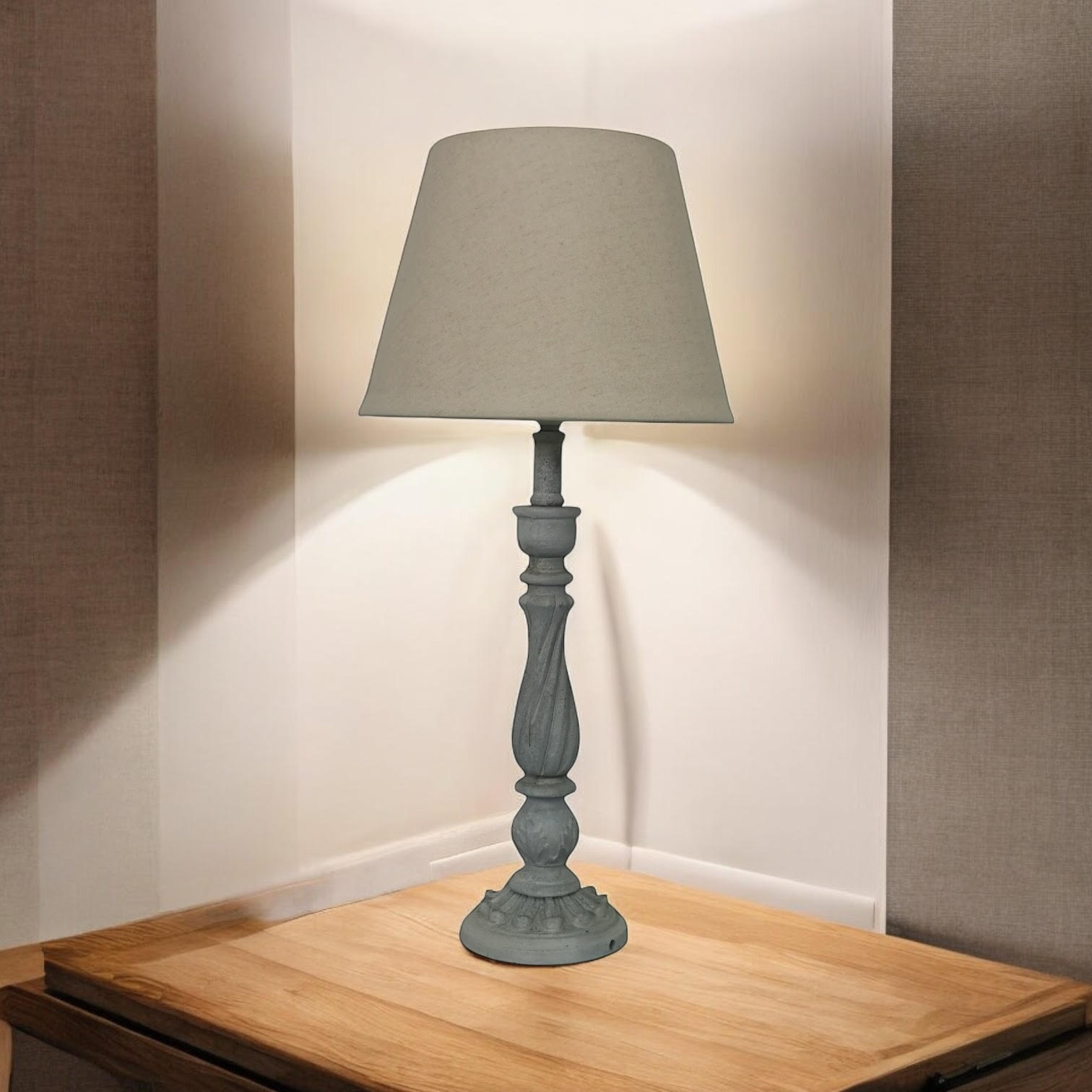 AcaciaHome Modern Tall Wooden Washed Table Lamp (41cm Grey with Cream Shade)