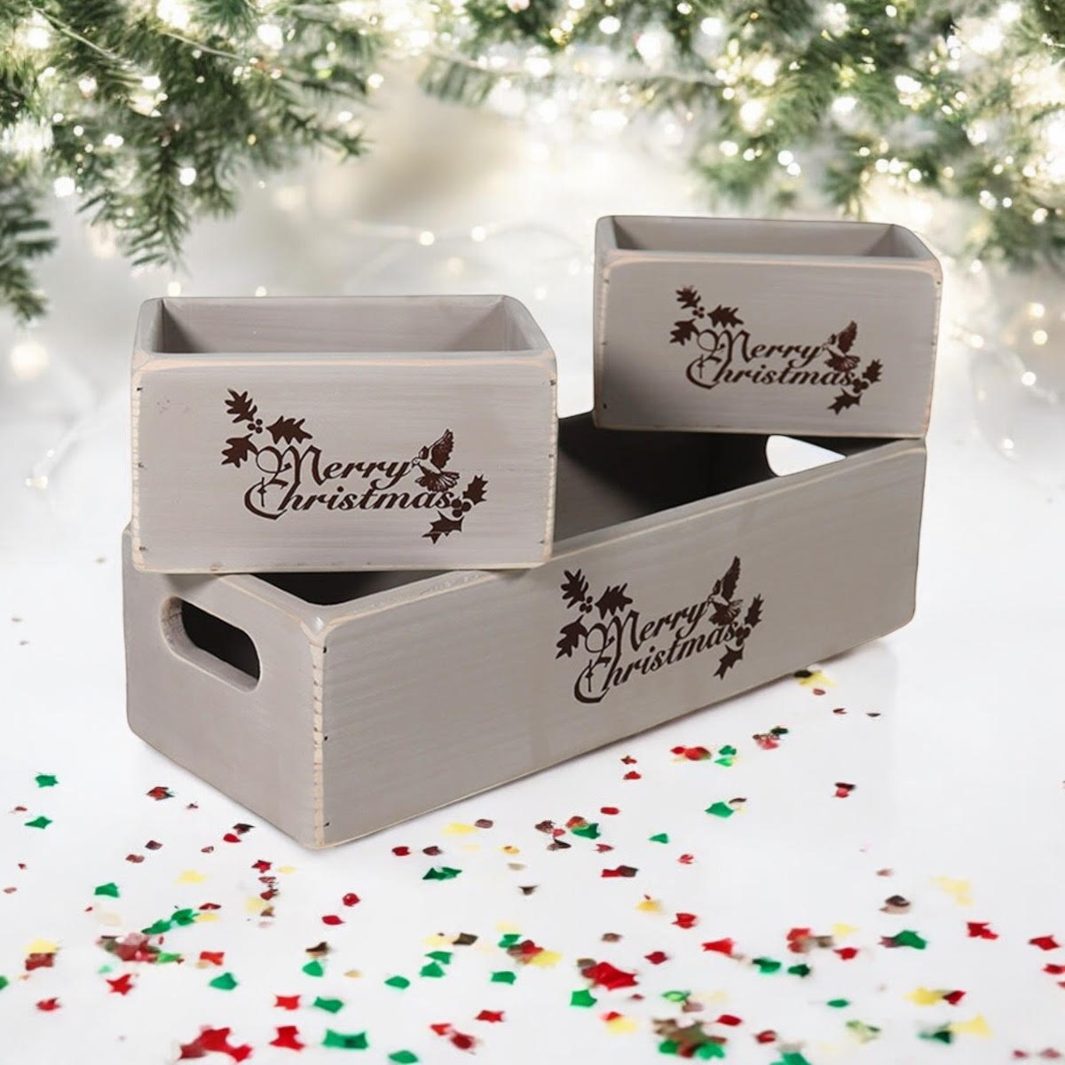 AcaciaHome Stylish and Vintage Wooden Merry Christmas Storage Crate Set (Grey)