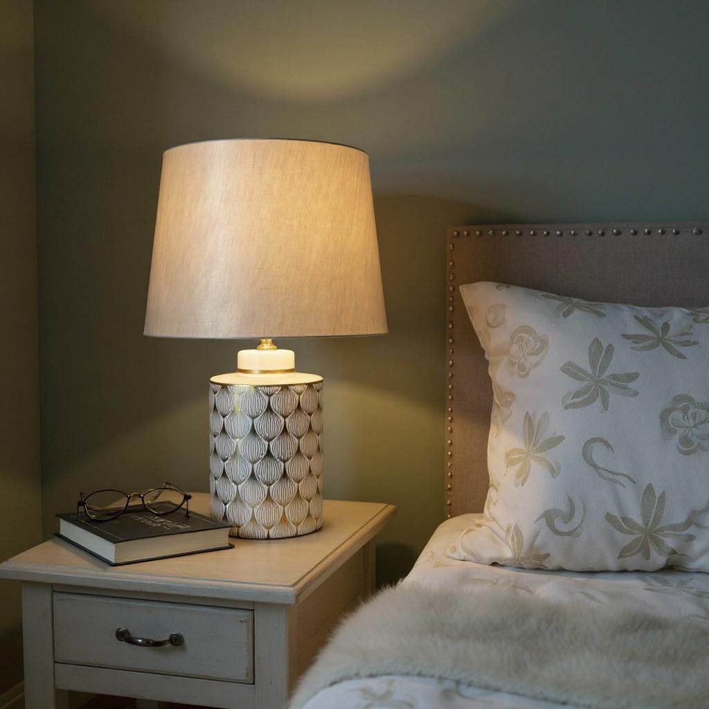Cream Ceramic Table Lamp with Drum Shade (Floral Vase - 63cm Shade)