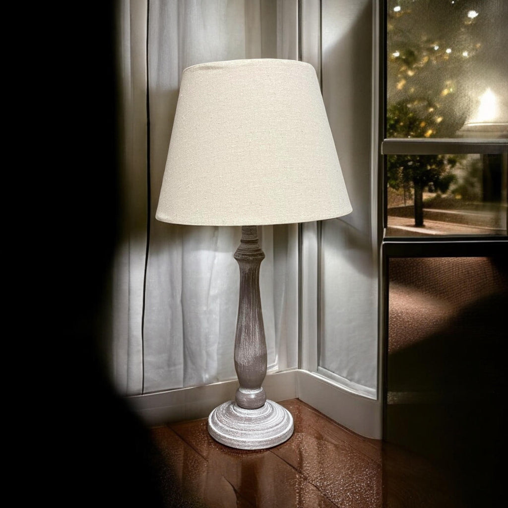 AcaciaHome Tall Wooden Beige Washed 45cm Table Lamp with Taupe Linen Shade