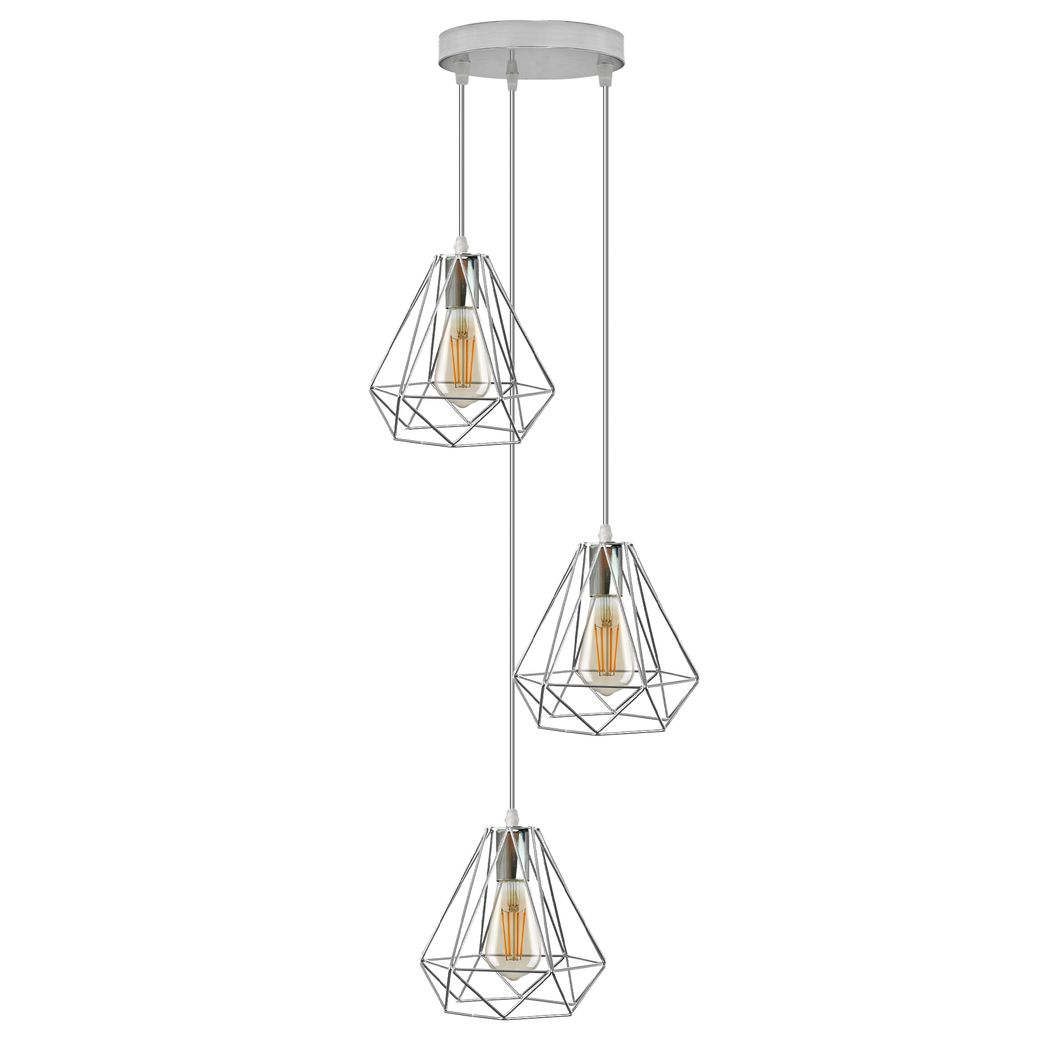 3 Head Round Base Chrome Vintage Metal 20cm Diamond Wire Cage E27 Base Ceiling