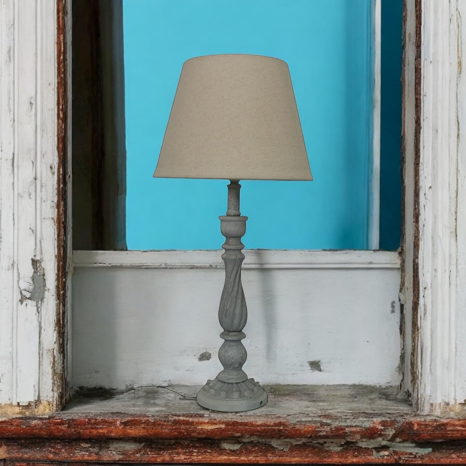 AcaciaHome Modern Tall Wooden Washed Table Lamp (41cm Grey with Cream Shade)