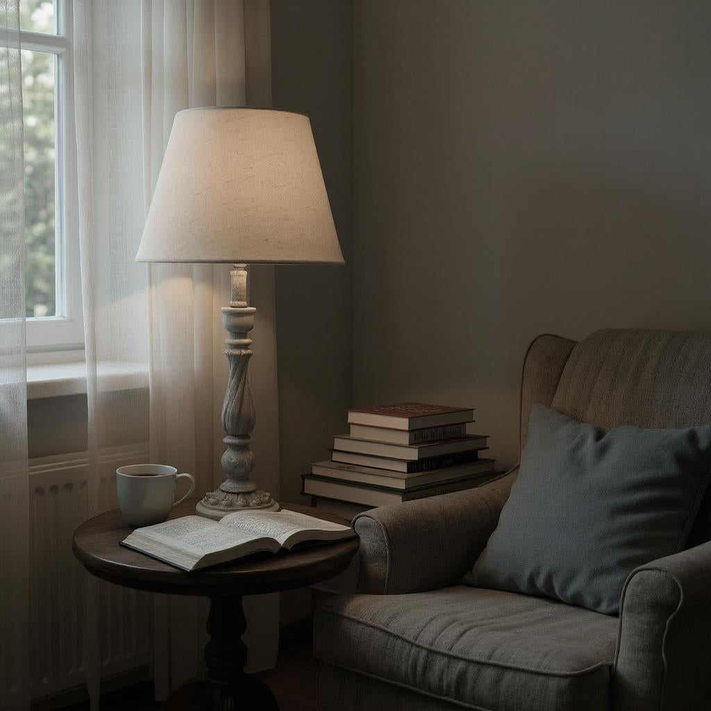 AcaciaHome Modern Tall Wooden Washed Table Lamp (41cm Grey with Cream Shade)