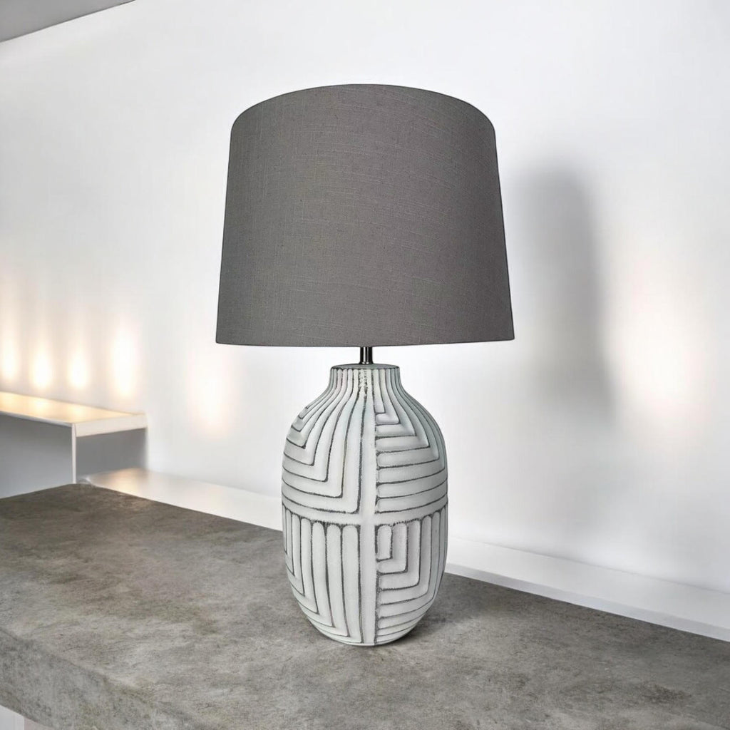 Oriental Design Large Floral Ceramic Table Lamp with Drum Shade (50cm Stone Look)