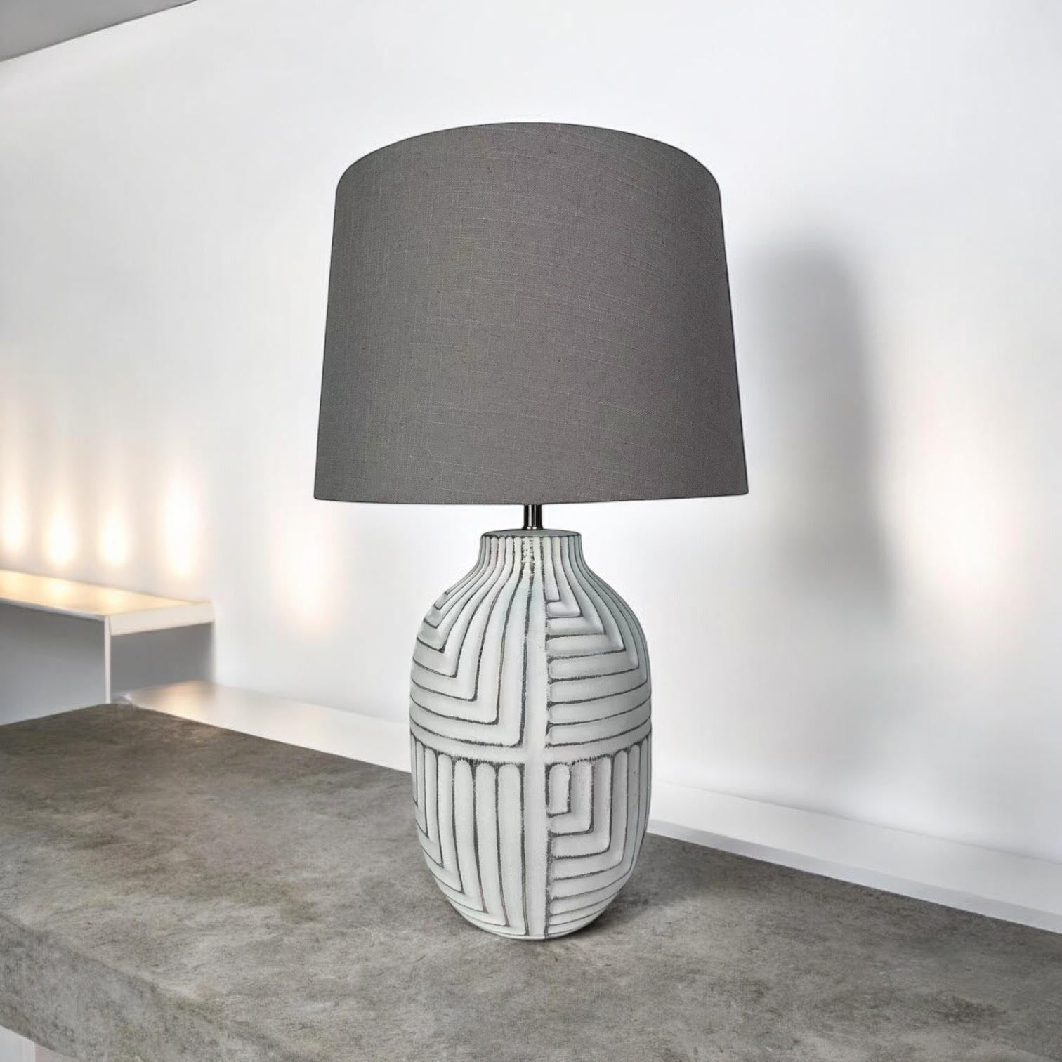 Oriental Design Large Floral Ceramic Table Lamp with Drum Shade (50cm Stone Look)