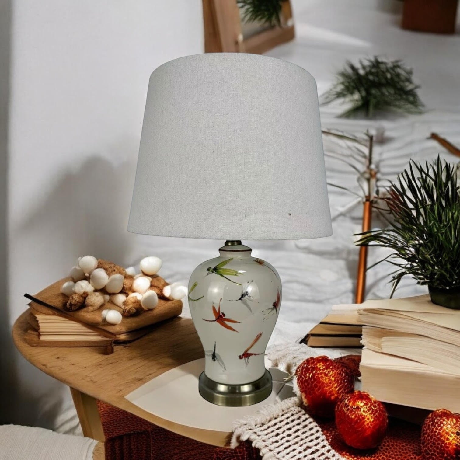 AcaciaHome Oriental Design Large Floral Ceramic Table Lamp with Drum Shade