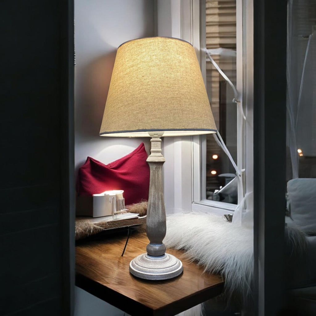 AcaciaHome Tall Wooden Beige Washed 45cm Table Lamp with Taupe Linen Shade