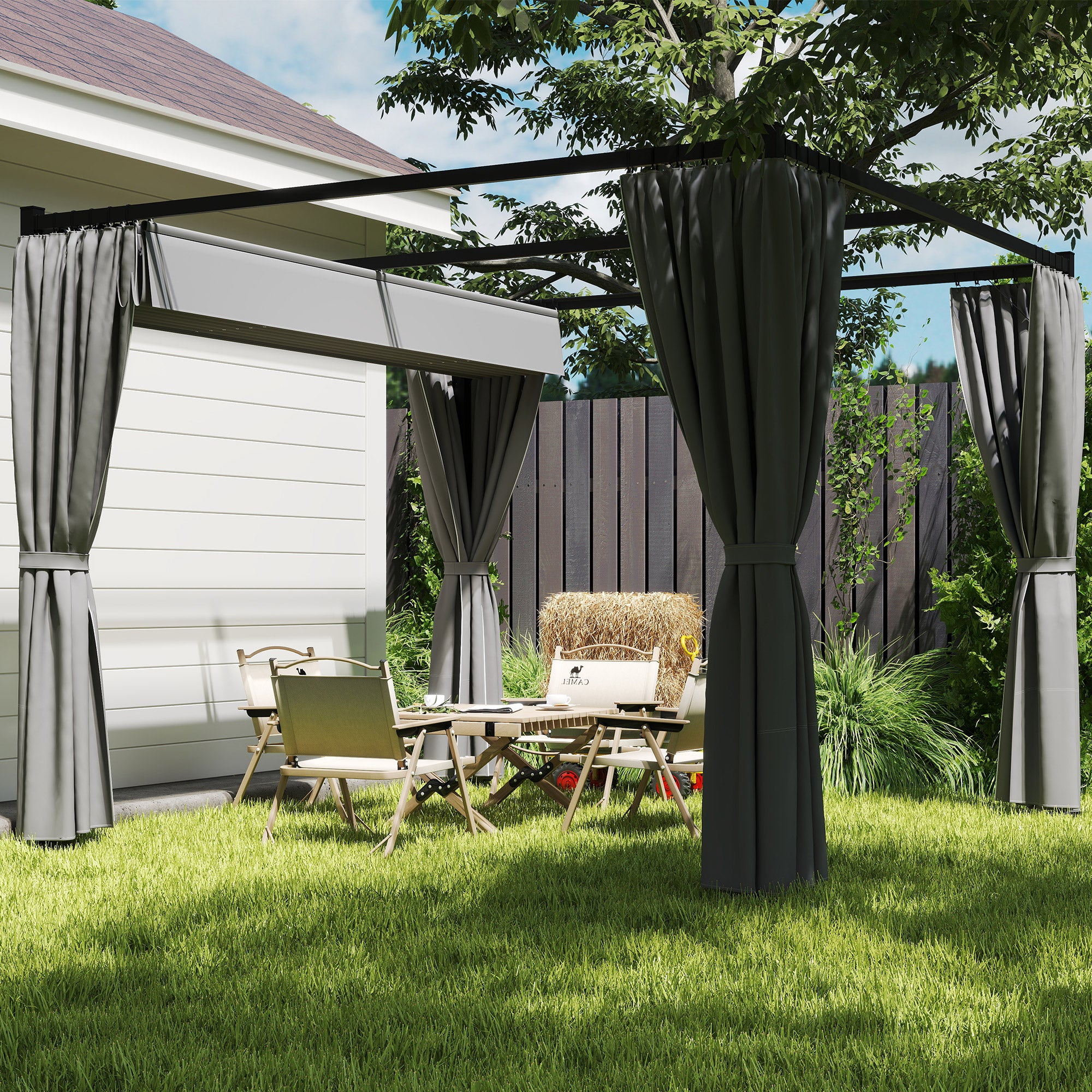 Outsunny 3 x 3(m) Pergola with Retractable Roof and Curtains, Light Grey