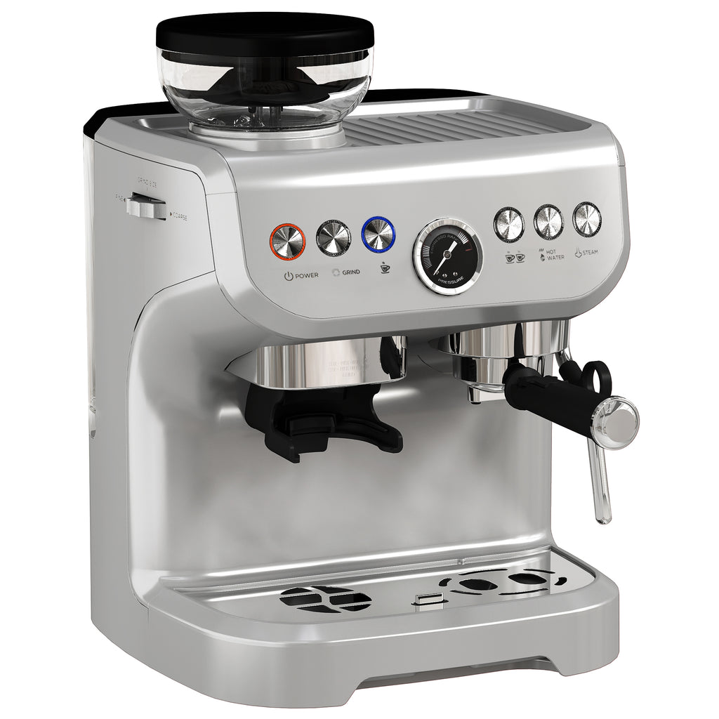 HOMCOM Espresso Machine, Bean Grinder & Steam Wand, 15 Bar Pressure, Silver.